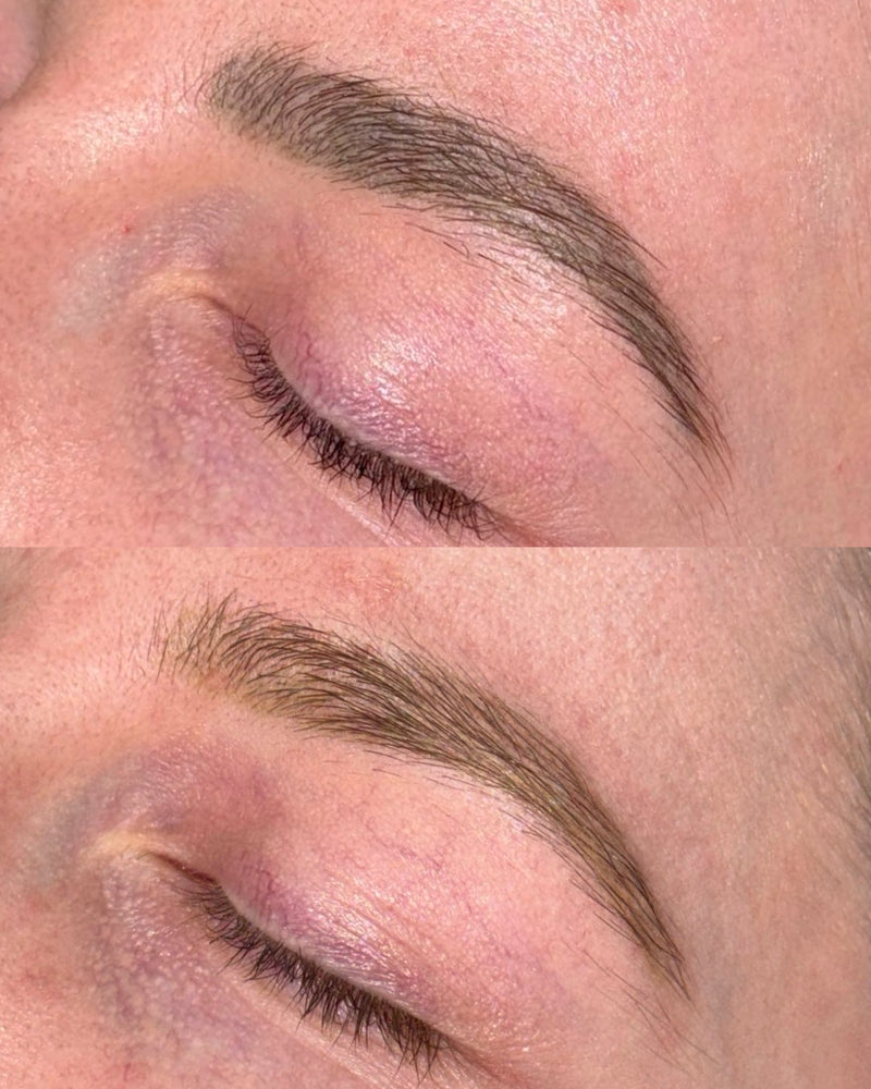 Close-up before-and-after comparison of a person's eyebrow, showing a fuller, darker brow in the bottom panel and a lighter, sparser brow in the top panel.